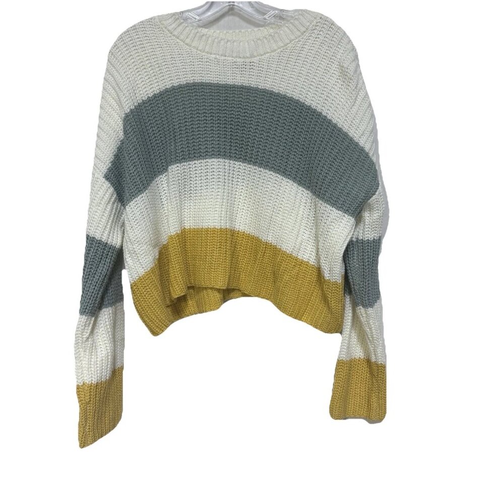 Sincerely Jules Womens Medium Sweater Striped Oversized Cropped Cream Green Gold